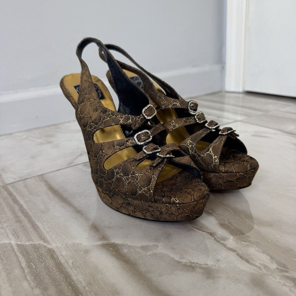 Rare Zoraide Bronze Metallic Lace Platform Statement Stiletto Mary Heels Sz41